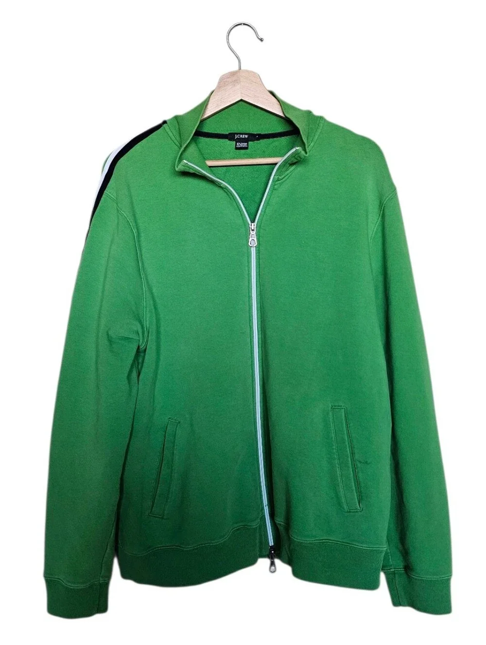 J. Crew Green White with Navy Sleeve Stripe Detail Zip Up Cotton Jacket Size L